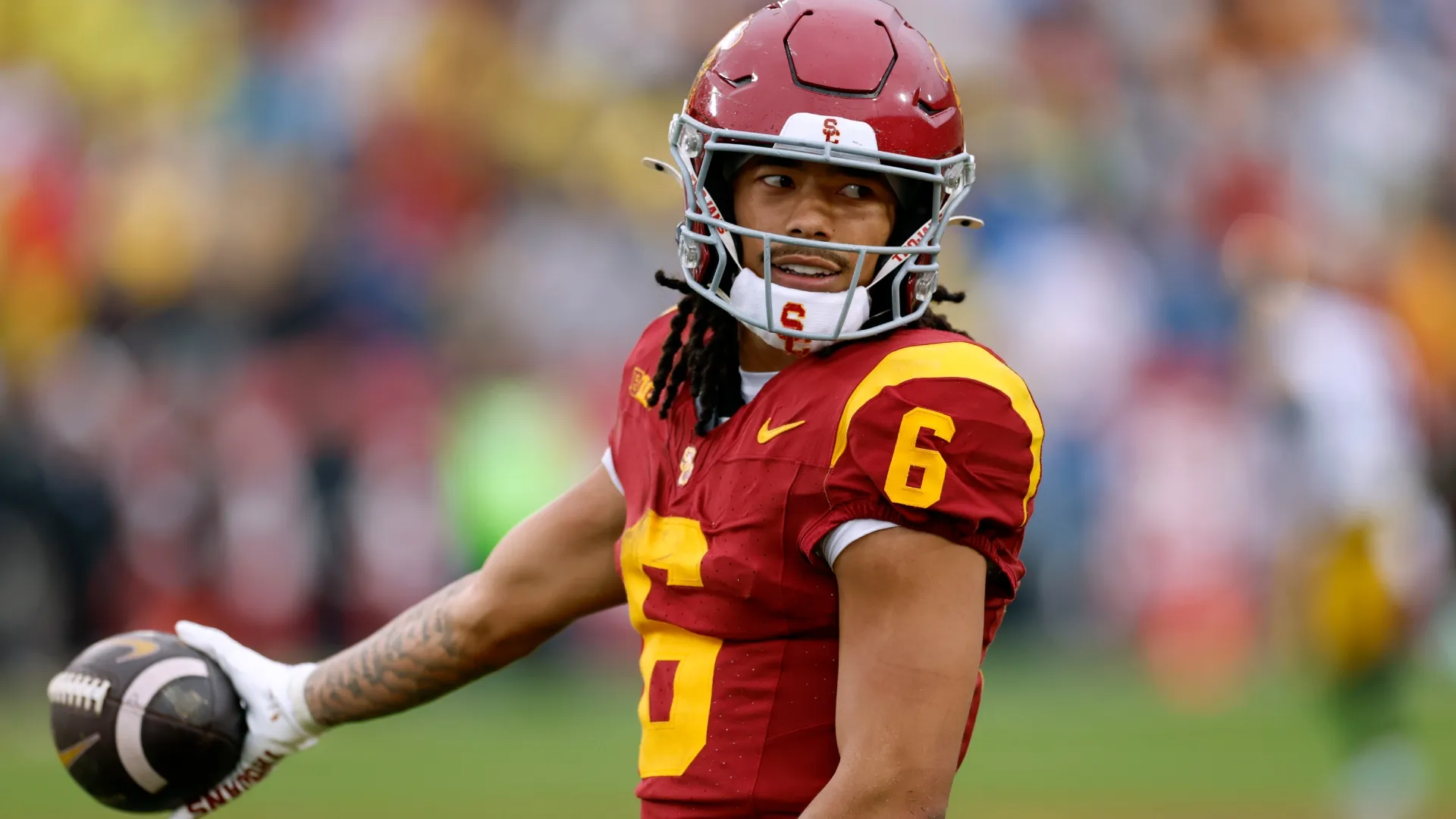Makai Lemon #6 of the Southern California Trojans reacts after a catch in 2025 (Source: Harry How/Getty Images)