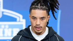 Makai Lemon of the USC Trojans speaks to the media during the 2026 NFL Draft Combine.