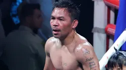 Manny Pacquiao reacts after his WBC welterweight title fight against Mario Barrios.