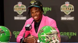 Travis Hunter speaks with media after being selected second overall pick by the Jacksonville Jaguars in 2025.