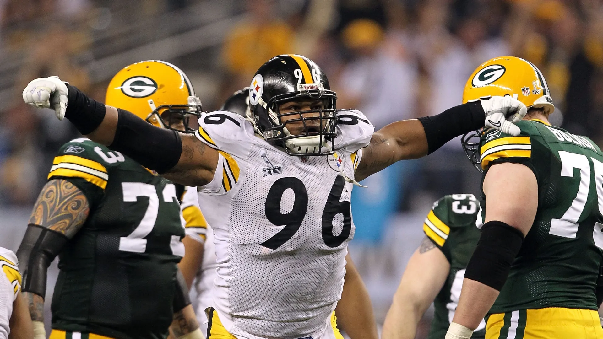 Ziggy Hood reacts during Super Bowl XLV.