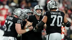 Daniel Carlson #8 of the Las Vegas Raiders celebrates with teammates in 2026.