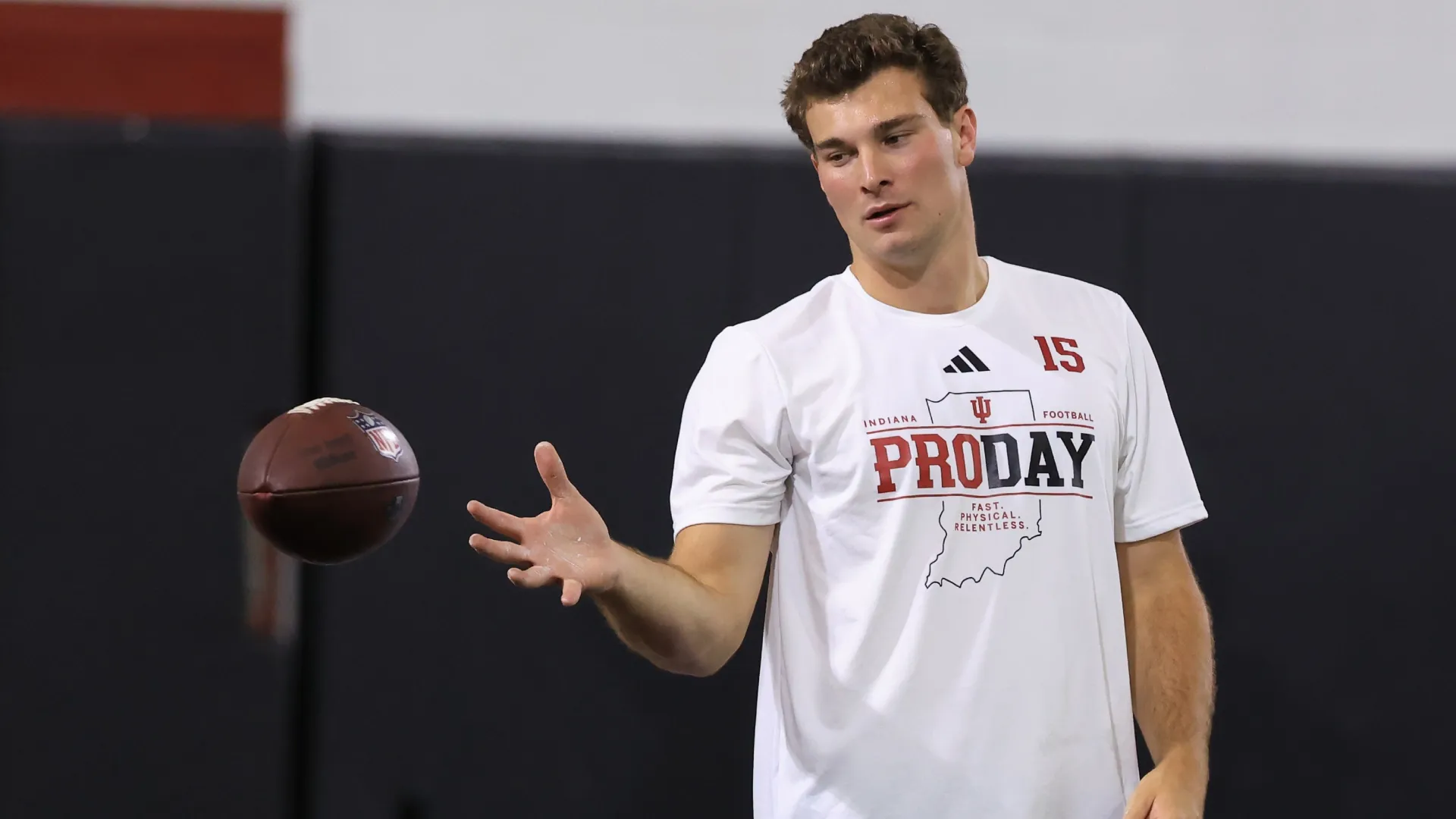 Fernando Mendoza #15 of the Indiana Hoosiers catches the ball during the 2026 IU Pro Day (Source: Justin Casterline/Getty Images)