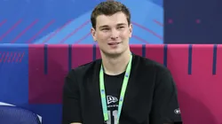 Fernando Mendoza of the Indiana Hoosiers looks on during the 2026 NFL Scouting Combine.