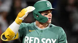 Roman Anthony #19 of the Red Sox reacts after striking out.