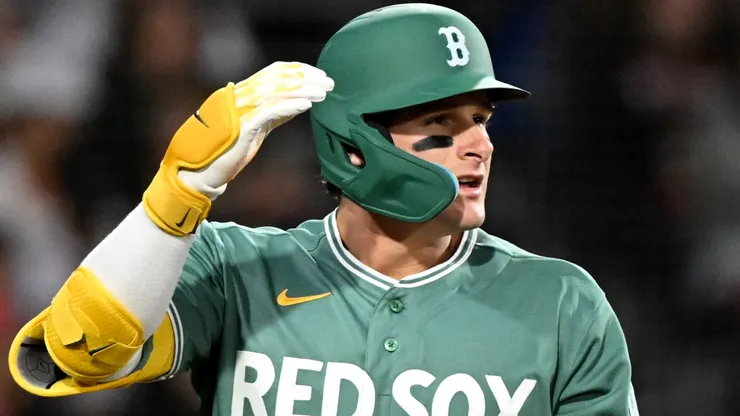 Roman Anthony #19 of the Red Sox reacts after striking out.