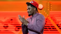 Mansoor Delane of LSU celebrates after being selected by the Chiefs