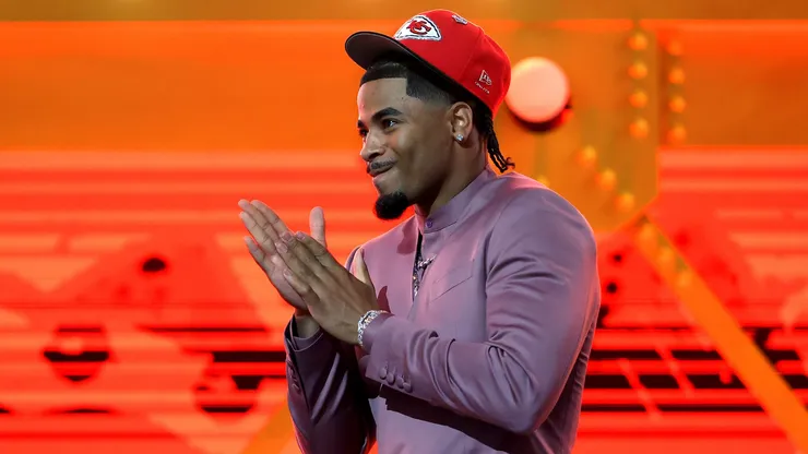 Mansoor Delane of LSU celebrates after being selected by the Chiefs