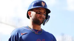Bo Bichette #19 of the New York Mets looks on after scoring.