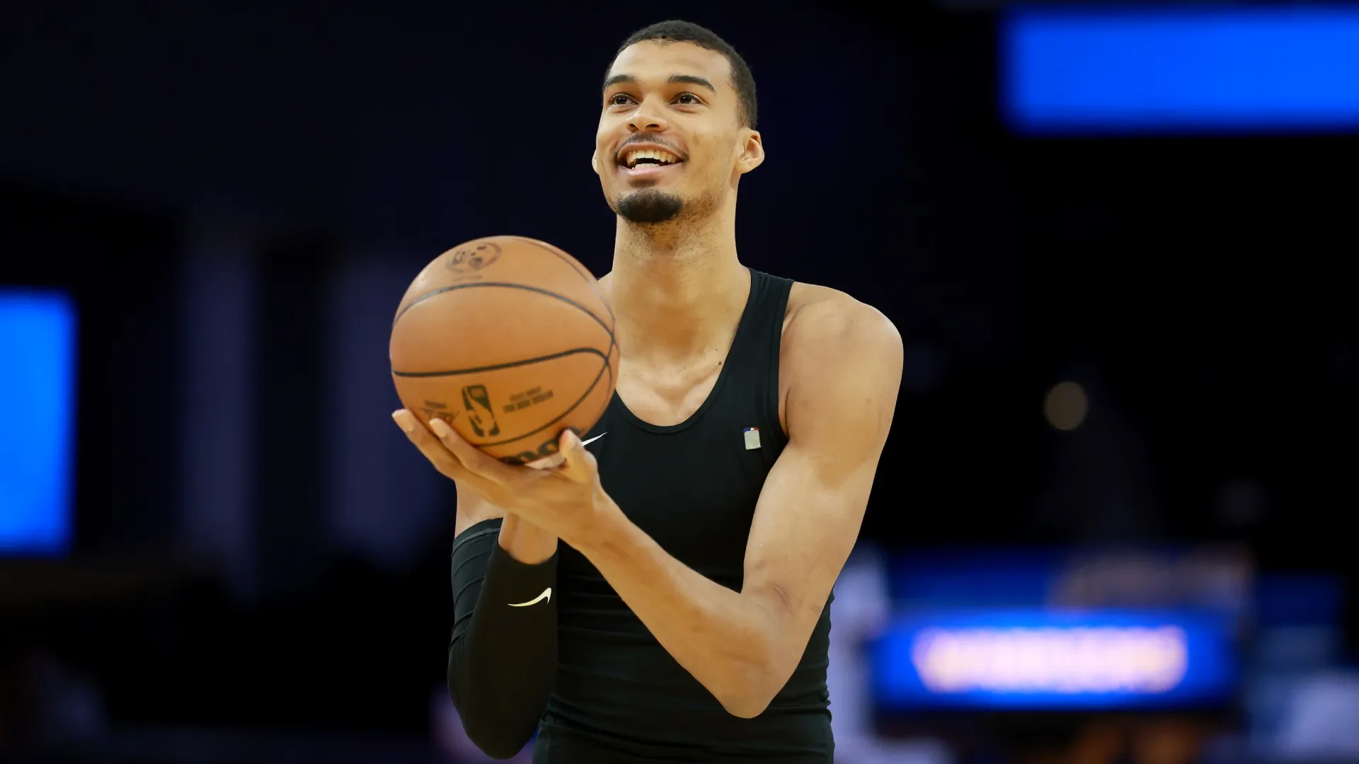 Victor Wembanyama warms up before a game against on April 01, 2026 (Source: Ezra Shaw/Getty Images)