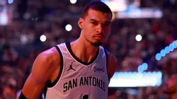 Victor Wembanyama stands on the court before their game against the Warriors in 2026.