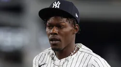 Jazz Chisholm Jr. #13 of the Yankees looks on against the Angels.