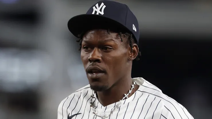 Jazz Chisholm Jr. #13 of the Yankees looks on against the Angels.