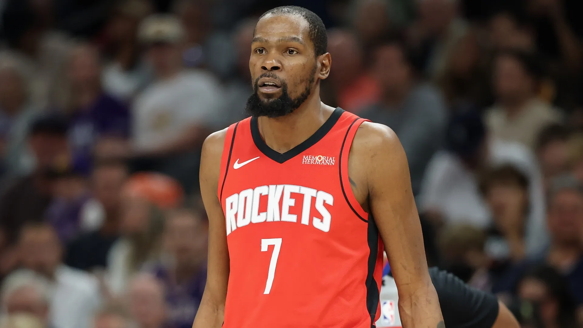 Kevin Durant #7 of the Houston Rockets looks on during the first half of the NBA game (Source: Christian Petersen/Getty Images)