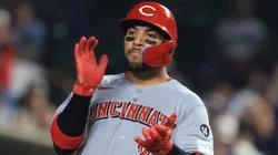 Jose Trevino #35 of the Cincinnati Reds reacts after hitting a double.
