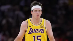 Austin Reaves #15 of the Los Angeles Lakers handles the ball against the Houston Rockets.