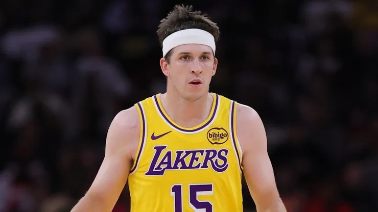 Austin Reaves #15 of the Los Angeles Lakers handles the ball against the Houston Rockets.