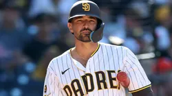 Nick Castellanos #21 of the Padres at bat during a game.