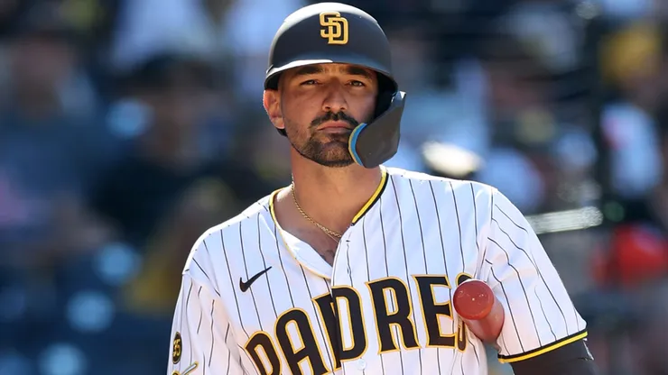 Nick Castellanos #21 of the Padres at bat during a game.