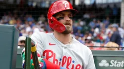Bryce Harper #3 of the Phillies looks on prior to the game against the Cubs.