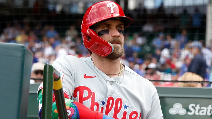Bryce Harper #3 of the Phillies looks on prior to the game against the Cubs.