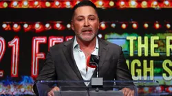 Oscar De La Hoya speaks at a press conference.