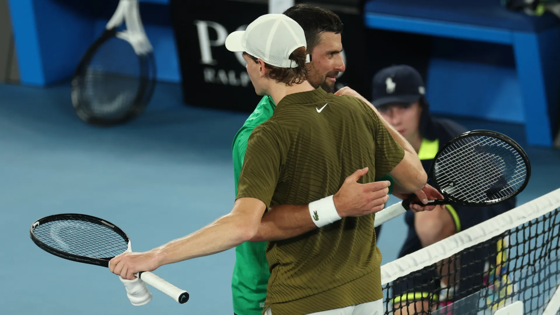 Novak Djokovic and Jannik Sinner after the 2026 Australian Open semifinal. (Getty Images)