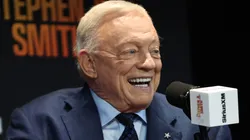 Jerry Jones speaks as Stephen A. Smith broadcasts.