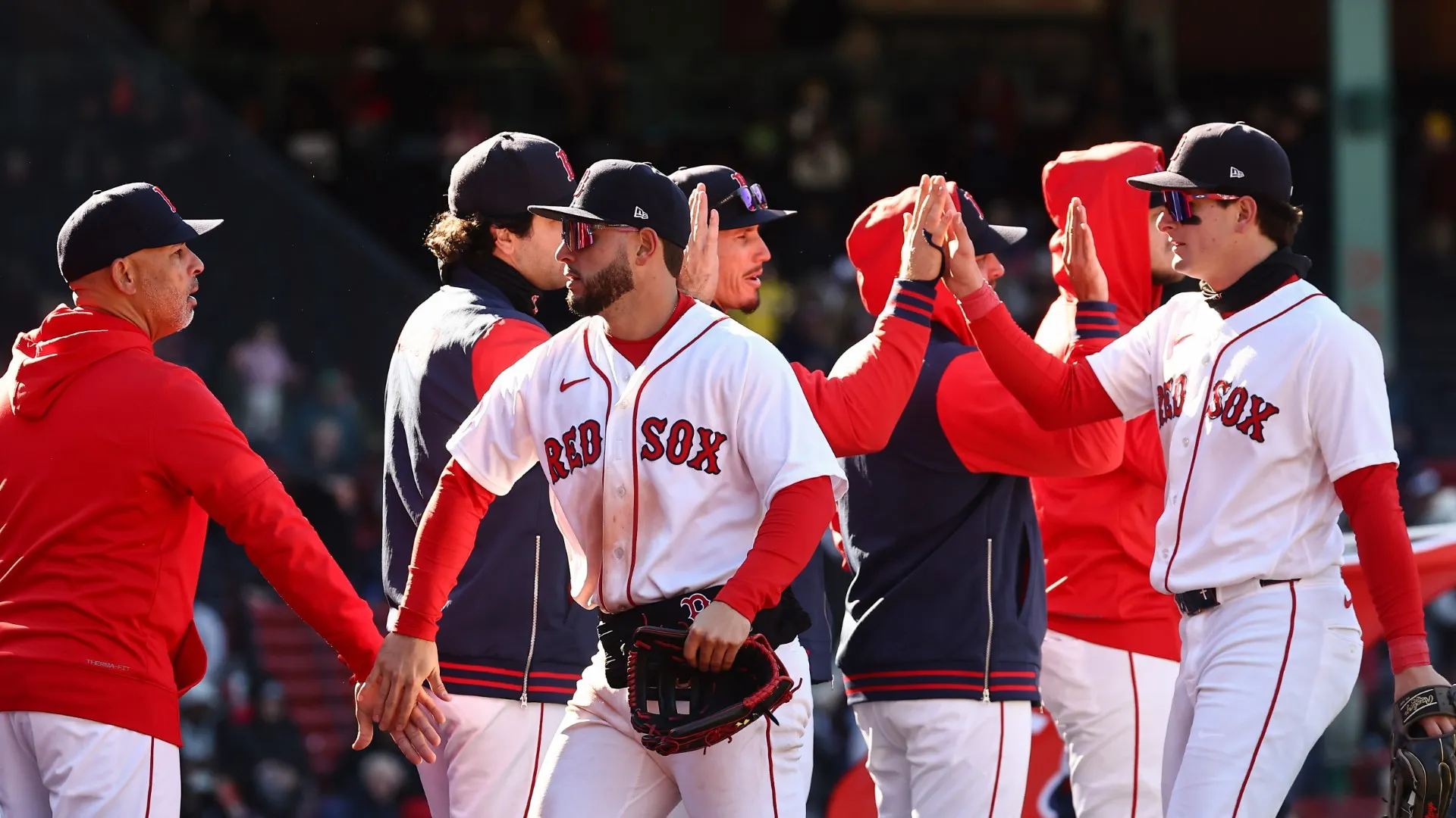 Roman Anthony with Alex Cora and Red Sox teammates
