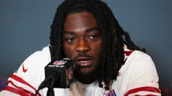 Brandon Aiyuk #11 speaks to the media during San Francisco 49ers media availability.