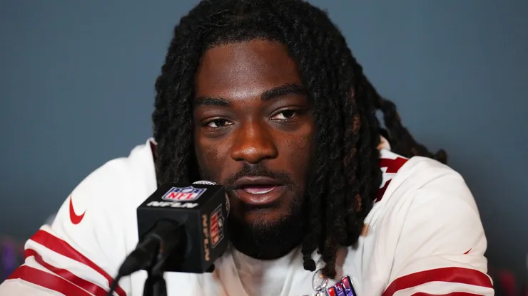 Brandon Aiyuk #11 speaks to the media during San Francisco 49ers media availability.