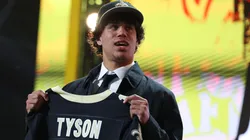 Jordyn Tyson of Arizona State poses after being selected eighth overall pick by the New Orleans Saints