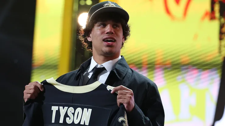 Jordyn Tyson of Arizona State poses after being selected eighth overall pick by the New Orleans Saints