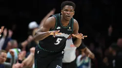 Anthony Edwards #5 of the Timberwolves celebrates his three-point basket against the Denver Nuggets.