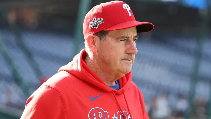 Rob Thomson, Manager of the Phillies, looks on during warm ups.