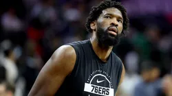 Joel Embiid warms up before game four of the Eastern Conference first round playoffs.