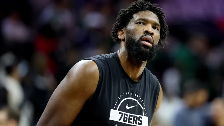 Joel Embiid warms up before game four of the Eastern Conference first round playoffs.