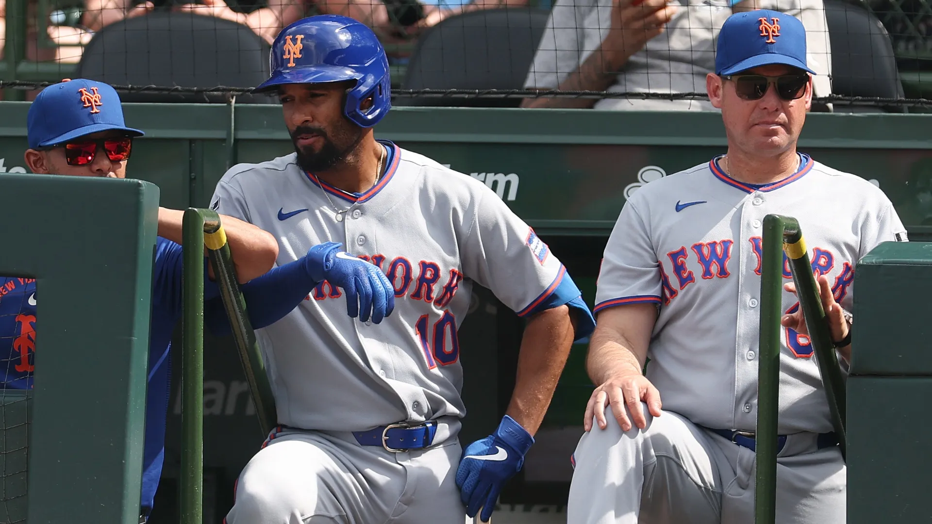 Marcus Semien and manager Carlos Mendoza of the Mets look on against the Cubs. Michael Reaves/Getty Images