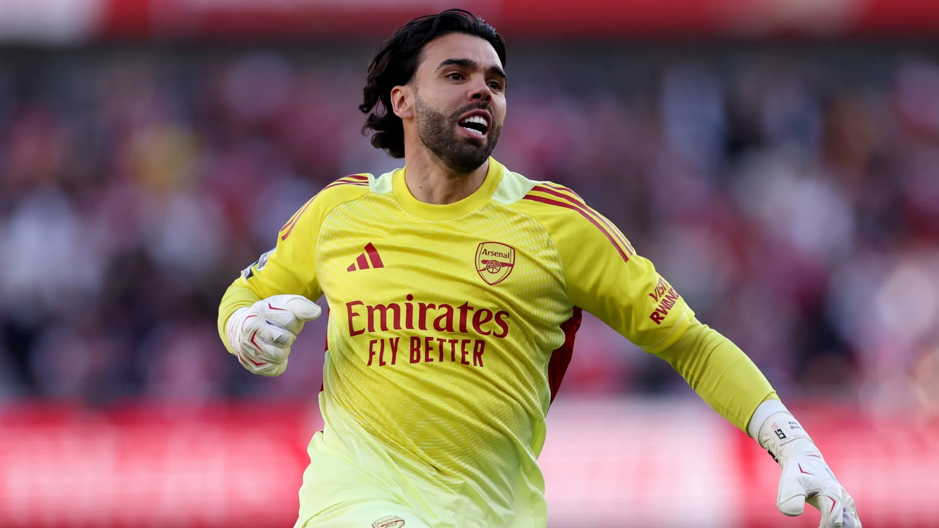 David Raya of Arsenal celebrates his team’s first goal during the Premier League match (Source: Richard Heathcote/Getty Images)