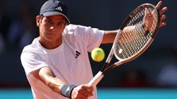 Rafael Jodar plays a backhand during his Men's Round of 16 match of the Mutua Madrid Open.