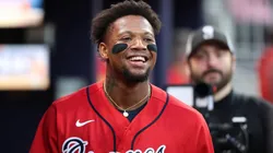 Ronald Acuña Jr. #13 of the Braves reacts after hitting a two-run homer.