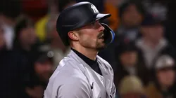 Randal Grichuk #34 of the Yankees watches his RBI double.