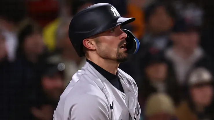 Randal Grichuk #34 of the Yankees watches his RBI double.