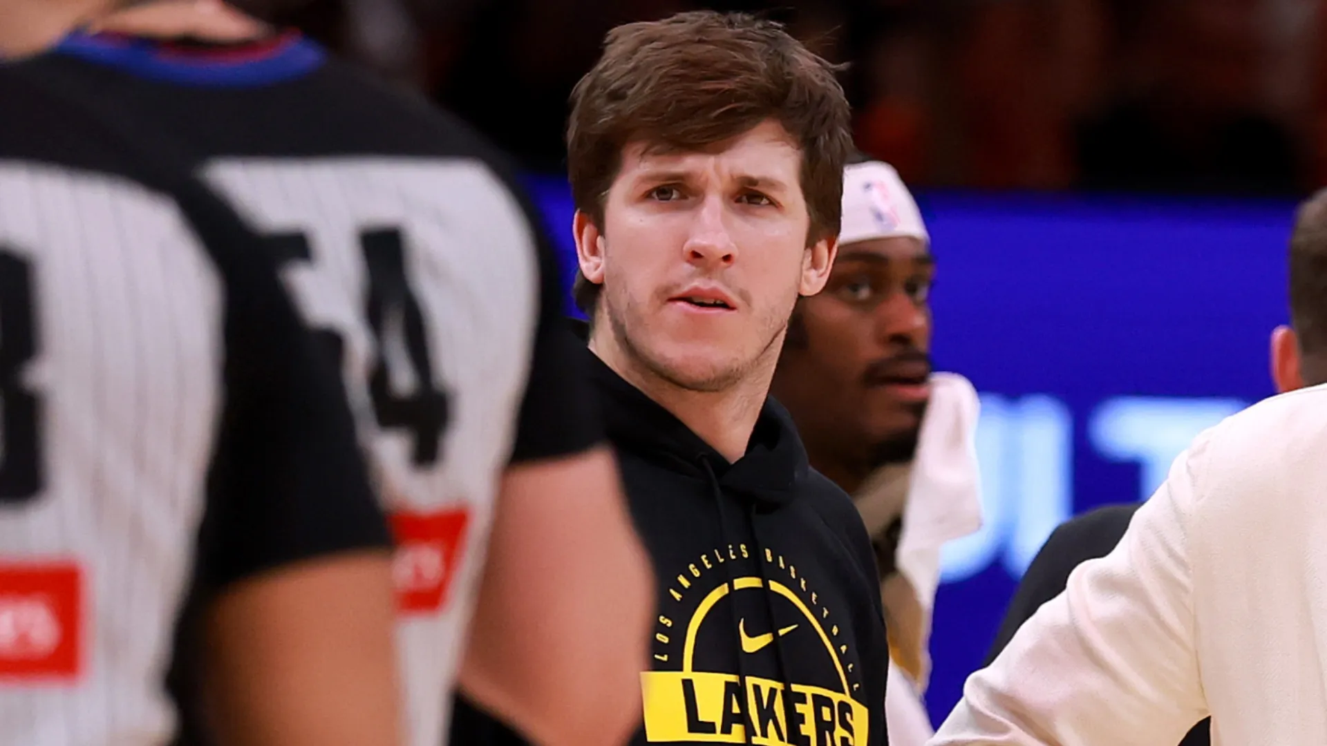 Austin Reaves react during the game against the Houston Rockets on April 24, 2026 (Source: Kenneth Richmond/Getty Images)