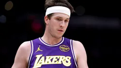 Austin Reaves #15 of the Los Angeles Lakers looks on during the game against the Houston Rockets.
