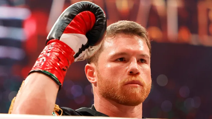 Canelo Alvarez reacts as he makes his ring walk prior.