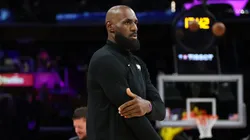LeBron James #23 of the Los Angeles Lakers warms up.
