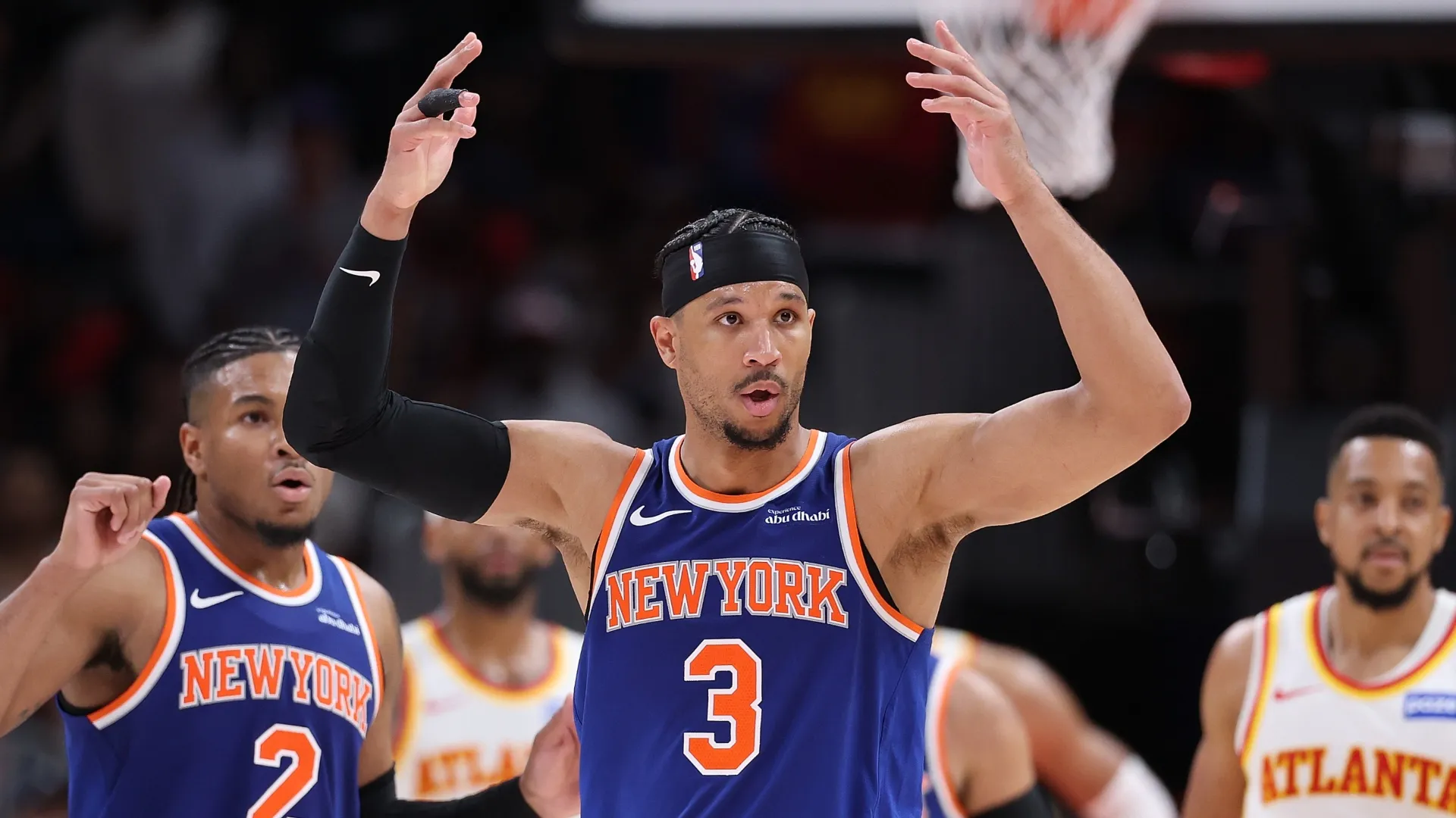 Josh Hart #3 of the New York Knicks react after he is charged with a foul (Source: Kevin C. Cox/Getty Images)