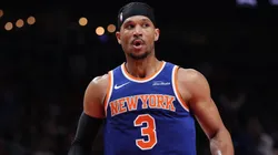 Josh Hart #3 of the New York Knicks reacts after a steal and a basket against the Atlanta Hawks.