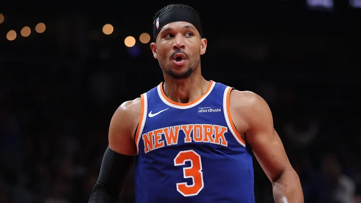 Josh Hart #3 of the New York Knicks reacts after a steal and a basket against the Atlanta Hawks.